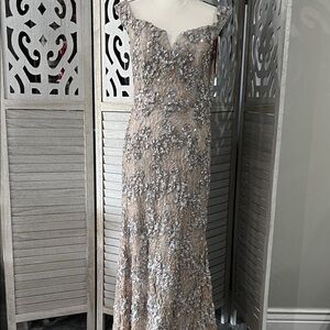 Aqua Taupe Maxi Dress with Silver Floral Appliqués